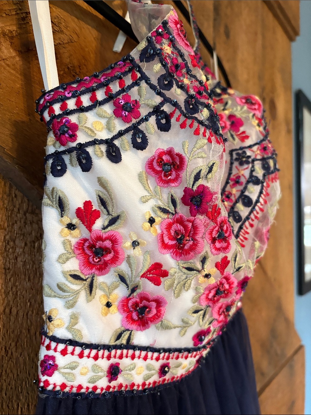 Morilee Madeline Gardner Navy Tulle Prom Dress Floral Pink Embellished Bodice 00 - Picture 4 of 14